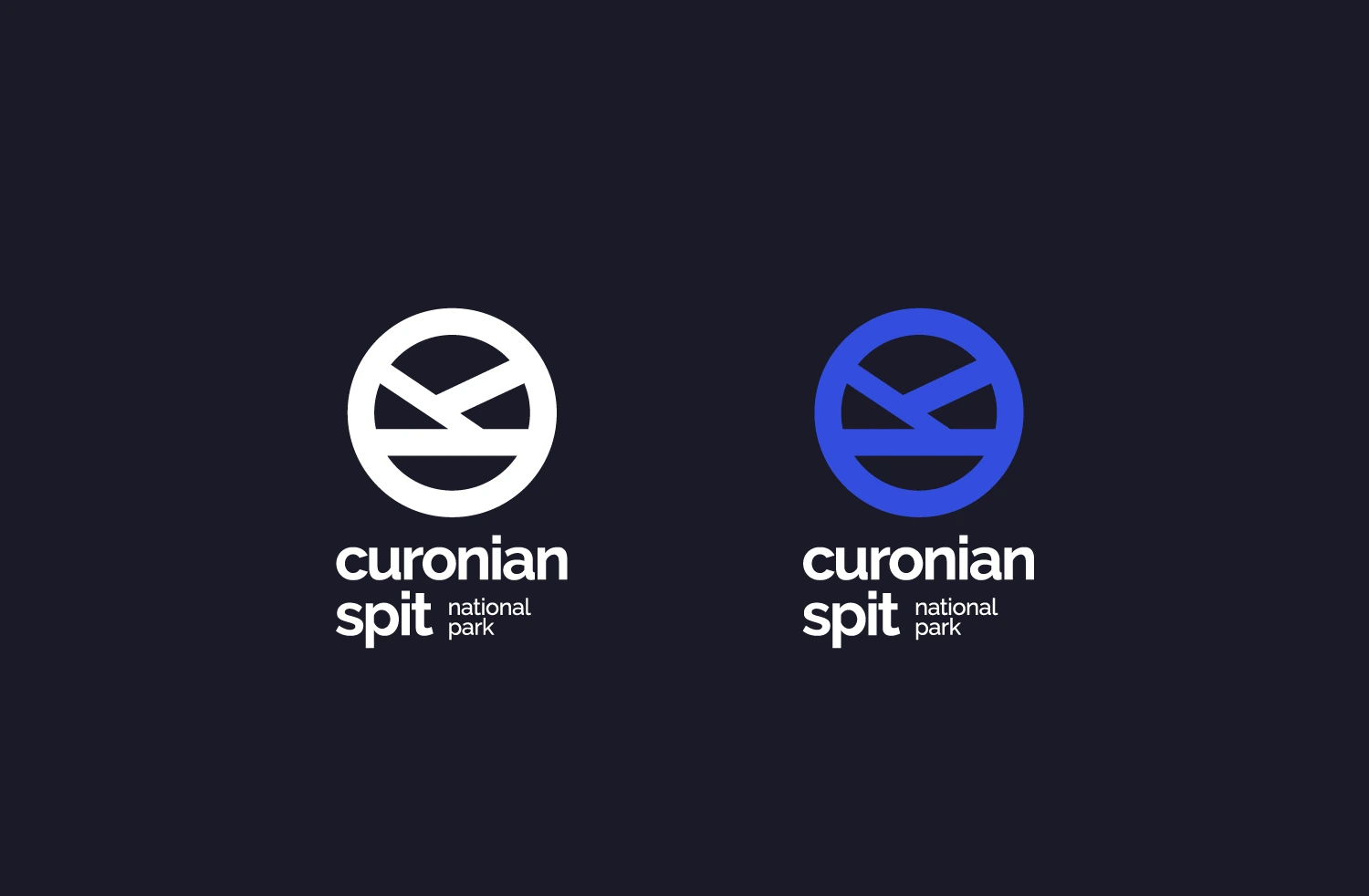 Curonian Spit logo — white and blue variants on dark background